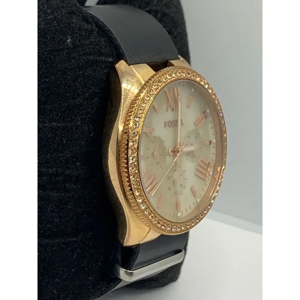 Fossil AM4616 Women's Black Leather Analog Beige Dial Quartz Wrist Watch RU263